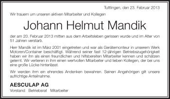 Anzeige von Johann Helmut Mandik von Schwäbische Zeitung
