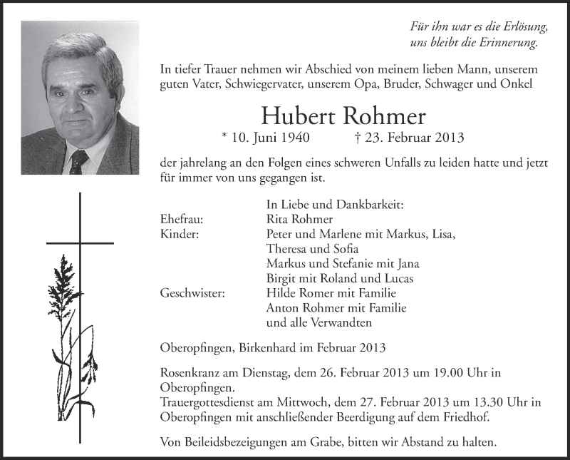  Traueranzeige für Hubert Rohmer vom 25.02.2013 aus Schwäbische Zeitung
