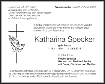 Anzeige von Katharina Specker von Schwäbische Zeitung