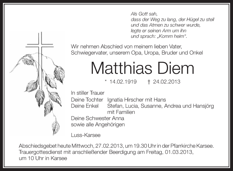  Traueranzeige für Matthias Diem vom 27.02.2013 aus Schwäbische Zeitung