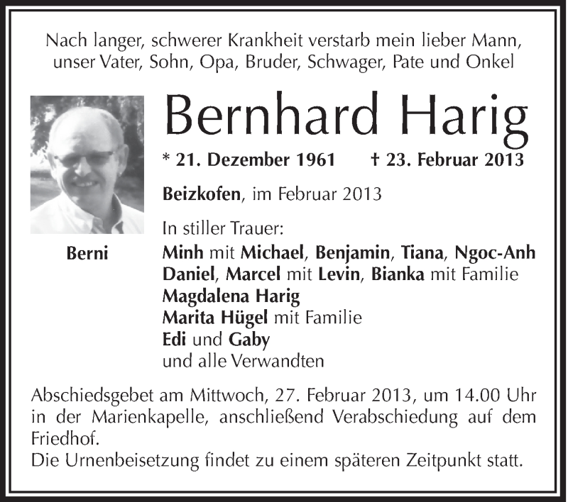  Traueranzeige für Bernhard Harig vom 26.02.2013 aus Schwäbische Zeitung
