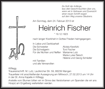 Anzeige von Heinrich Fischer von Schwäbische Zeitung