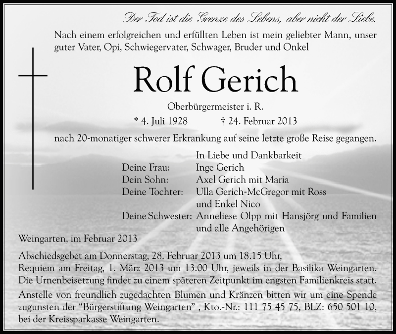  Traueranzeige für Rolf Gerich vom 26.02.2013 aus Schwäbische Zeitung
