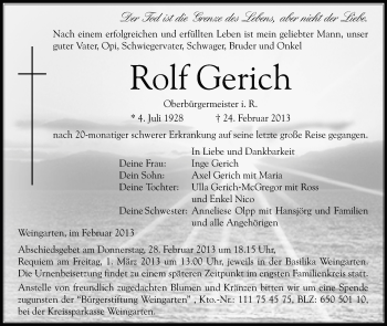Anzeige von Rolf Gerich von Schwäbische Zeitung