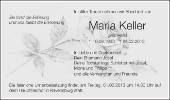 Anzeige von Maria Keller von Schwäbische Zeitung
