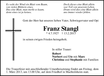 Anzeige von Franz Stangl von Schwäbische Zeitung