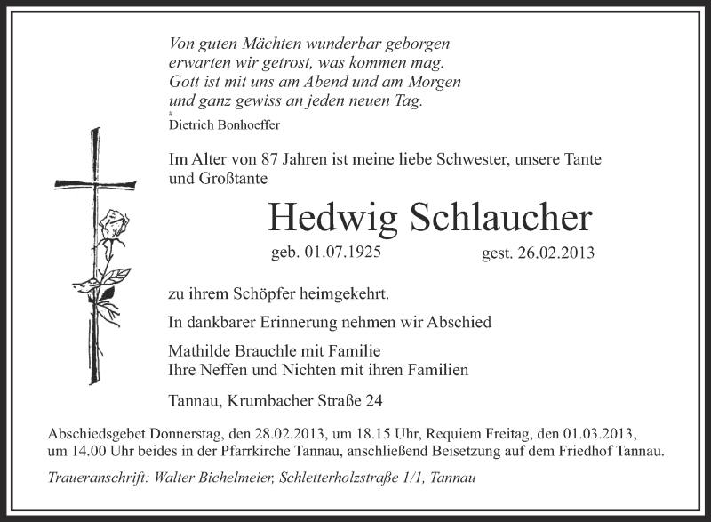  Traueranzeige für Hedwig Schlaucher vom 27.02.2013 aus Schwäbische Zeitung