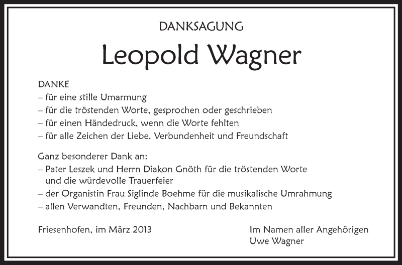  Traueranzeige für Leopold Wagner vom 02.03.2013 aus Schwäbische Zeitung