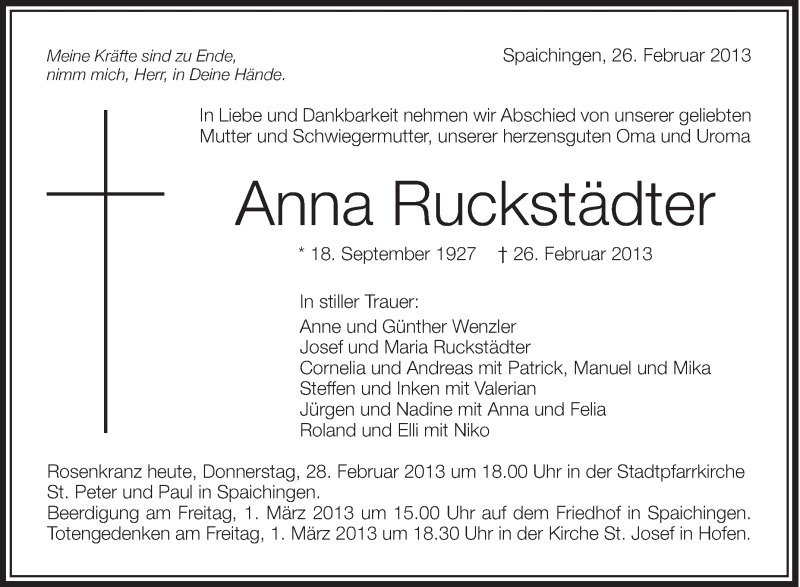  Traueranzeige für Anna Ruckstädter vom 28.02.2013 aus Schwäbische Zeitung