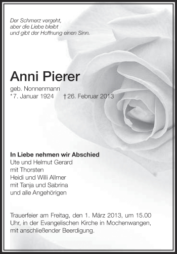 Anzeige von Anni Pierer von Schwäbische Zeitung