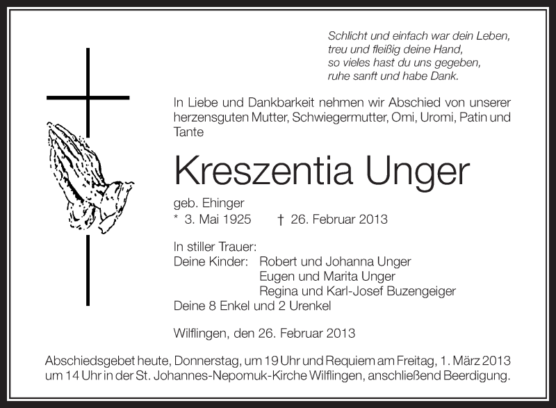  Traueranzeige für Kreszentia Unger vom 28.02.2013 aus Schwäbische Zeitung