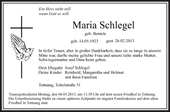 Anzeige von Maria Schlegel von Schwäbische Zeitung