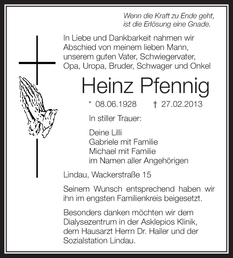  Traueranzeige für Heinz Pfennig vom 07.03.2013 aus Schwäbische Zeitung