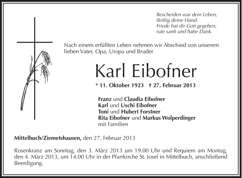  Traueranzeige für Karl Eibofner vom 01.03.2013 aus Schwäbische Zeitung