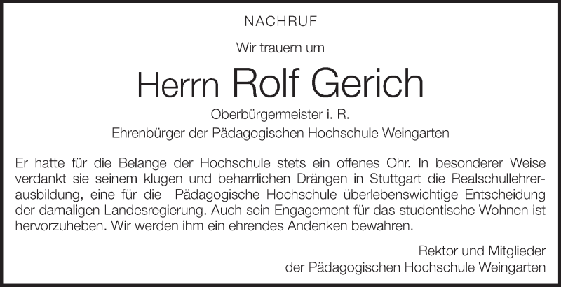  Traueranzeige für Rolf Gerich vom 01.03.2013 aus Schwäbische Zeitung