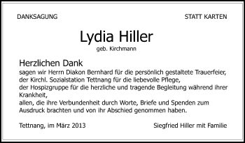Anzeige von Lydia Hiller von Schwäbische Zeitung
