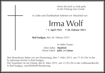 Anzeige von Irma Wolf von Schwäbische Zeitung