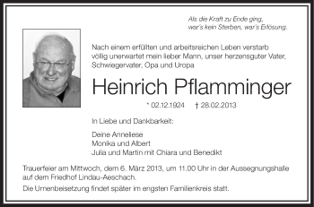 Anzeige von Heinrich Pflamminger von Schwäbische Zeitung