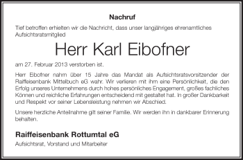 Anzeige von Karl Eibofner von Schwäbische Zeitung