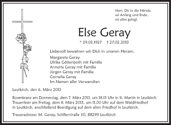 Anzeige von Else Geray von Schwäbische Zeitung