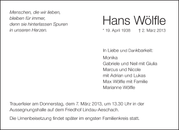 Anzeige von Hans Wölfle von Schwäbische Zeitung