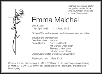 Anzeige von Emma Maichel von Schwäbische Zeitung