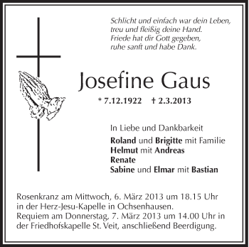 Anzeige von Josefine Gaus von Schwäbische Zeitung