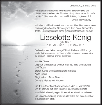 Anzeige von Lieselotte König von Schwäbische Zeitung