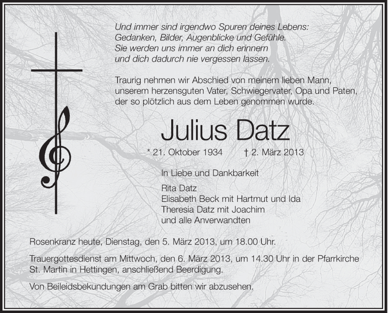  Traueranzeige für Julius Datz vom 05.03.2013 aus Schwäbische Zeitung