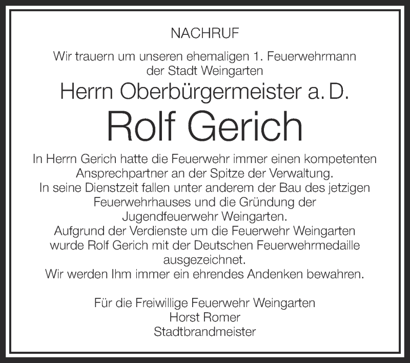  Traueranzeige für Rolf Gerich vom 05.03.2013 aus Schwäbische Zeitung