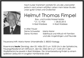 Anzeige von Helmut Thomas Fimpel von Schwäbische Zeitung