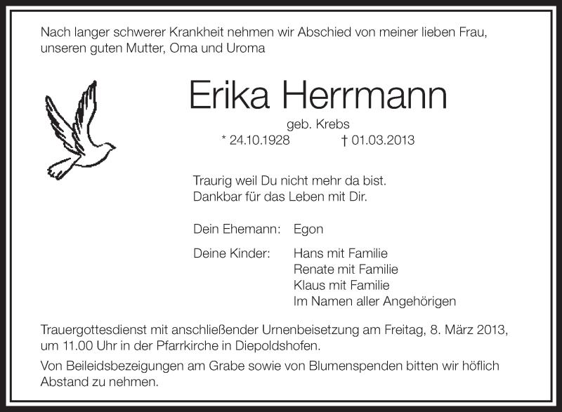  Traueranzeige für Erika Herrmann vom 06.03.2013 aus Schwäbische Zeitung
