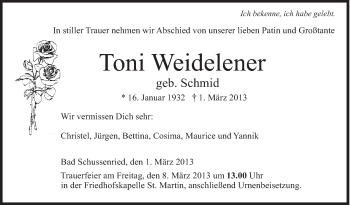 Anzeige von Toni Weidelener von Schwäbische Zeitung