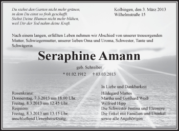 Anzeige von Seraphine Amann von Schwäbische Zeitung