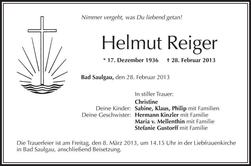  Traueranzeige für Helmut Reiger vom 06.03.2013 aus Schwäbische Zeitung