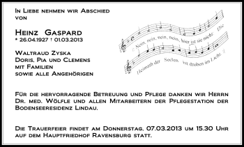 Anzeige von Heinz Gaspard von Schwäbische Zeitung