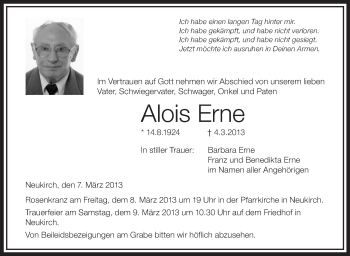 Anzeige von Alois Erne von Schwäbische Zeitung