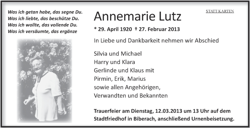  Traueranzeige für Annemarie Lutz vom 06.03.2013 aus Schwäbische Zeitung