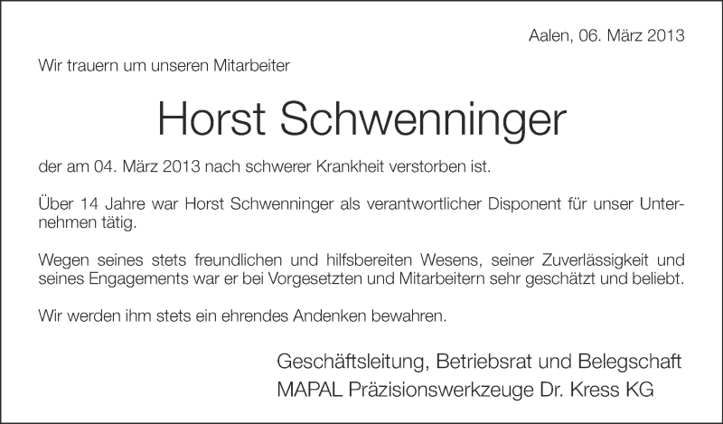  Traueranzeige für Horst Schwenninger vom 06.03.2013 aus Schwäbische Zeitung