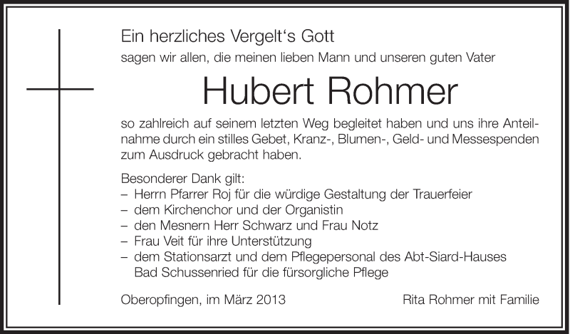 Traueranzeige für Hubert Rohmer vom 07.03.2013 aus Schwäbische Zeitung