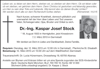 Anzeige von Kaspar Josef Stock von Schwäbische Zeitung