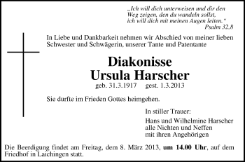 Anzeige von Ursula Harscher von Schwäbische Zeitung