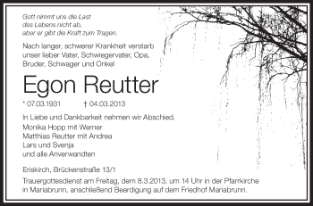 Anzeige von Egon Reutter von Schwäbische Zeitung