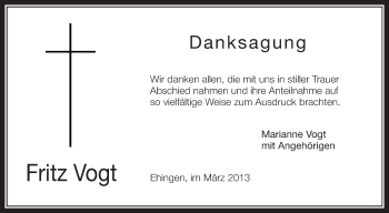 Anzeige von Fritz Vogt von Schwäbische Zeitung