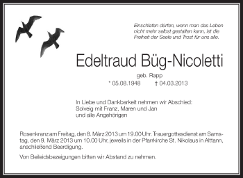 Anzeige von Edeltraud Büg-Nicoletti von Schwäbische Zeitung