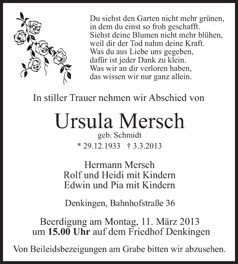  Traueranzeige für Ursula Mersch vom 08.03.2013 aus Schwäbische Zeitung