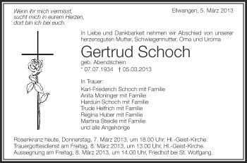 Anzeige von Gertrud Schoch von Schwäbische Zeitung