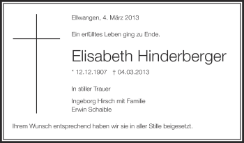 Anzeige von Elisabeth Hinderberger von Schwäbische Zeitung