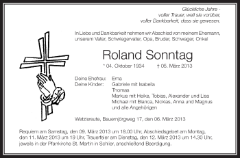 Anzeige von Roland Sonntag von Schwäbische Zeitung
