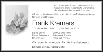 Anzeige von Frank Kremers von Schwäbische Zeitung
